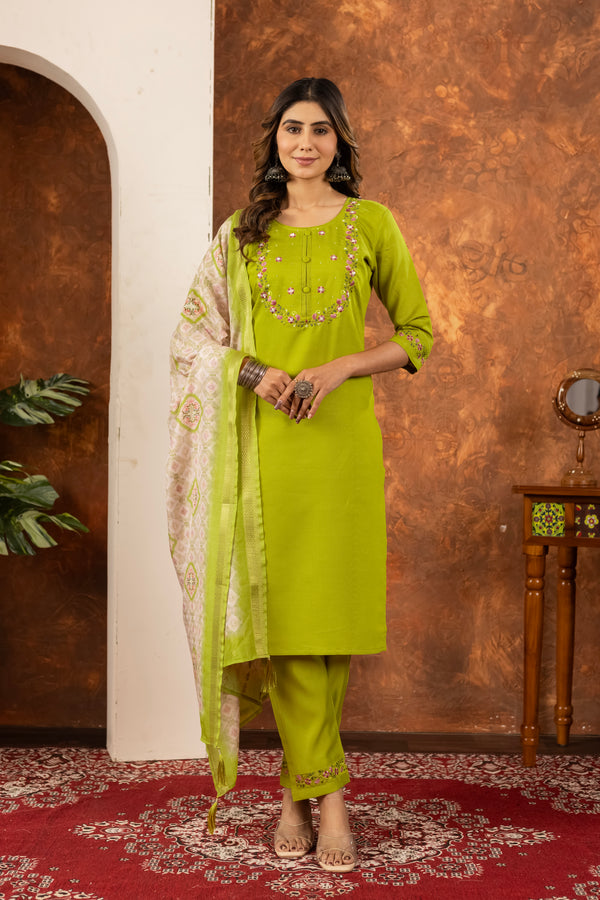 Lookmore Elegant Straight Kurti Pant Dupatta Set – Parrot Green | Marina Silk Embroidered Ethnic Wear (D-101)