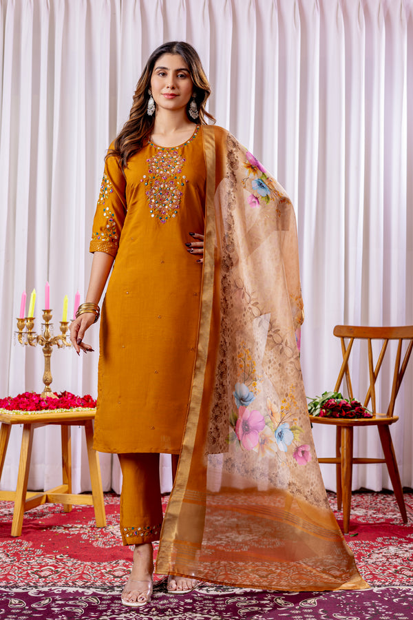 Elegant Straight Kurti Pant Dupatta Set – Mustard Orange | Viscose Silk Embroidered Ethnic Set (D-111)