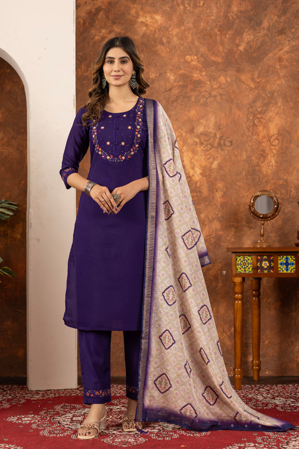 Lookmor Elegant Straight Kurti Pant Dupatta Set – Purple | Marina Silk Embroidered Ethnic Wear (D-101)