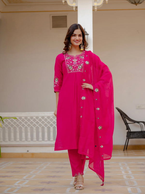 Designer Kurti Pant Dupatta Set – Pink | Pure Viscose Mango Silk Embroidered Set (D-145)