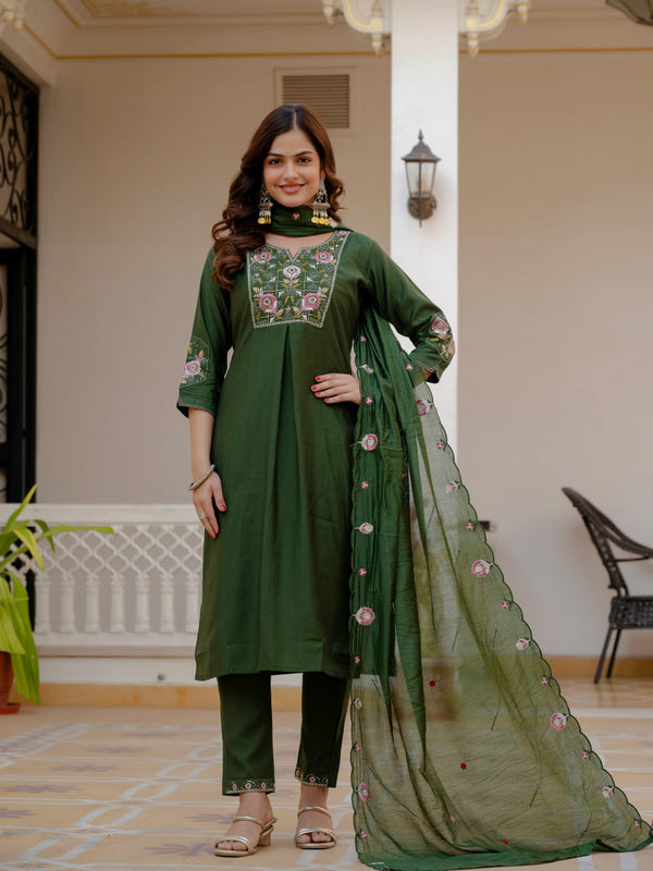 Designer Kurti Pant Dupatta Set – Green | Pure Viscose Mango Silk Embroidered Set (D-145)