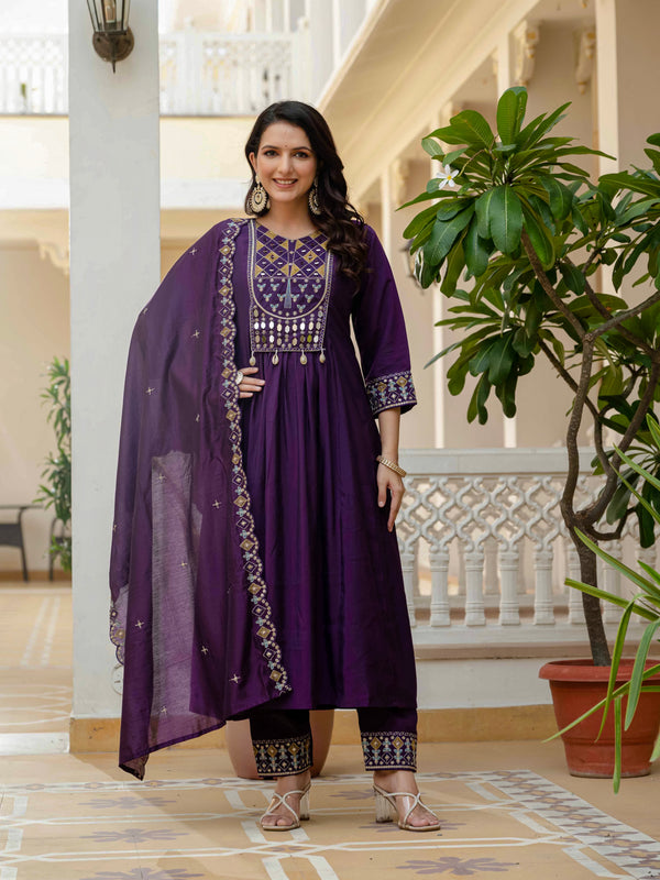 Designer Anarkali Kurti Pant Dupatta Set – Purple | Embroidered Viscose Roman Silk Ethnic Set (D-126)