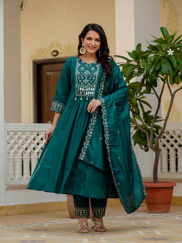 Designer Anarkali Kurti Pant Dupatta Set – Teal | Embroidered Viscose Roman Silk Ethnic Set (D-126)