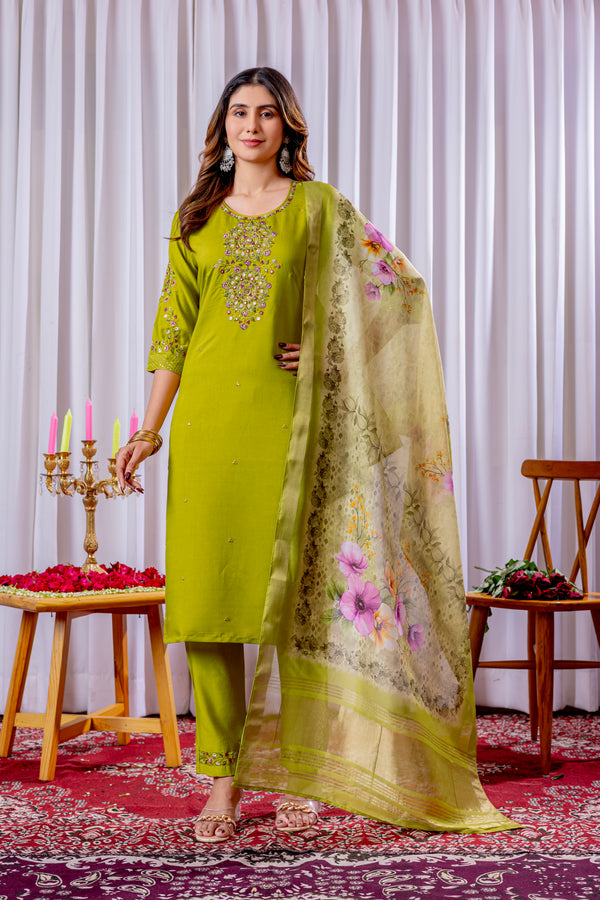 Elegant Straight Kurti Pant Dupatta Set – Parrot Yellow | Viscose Silk Embroidered Ethnic Set (D-111)