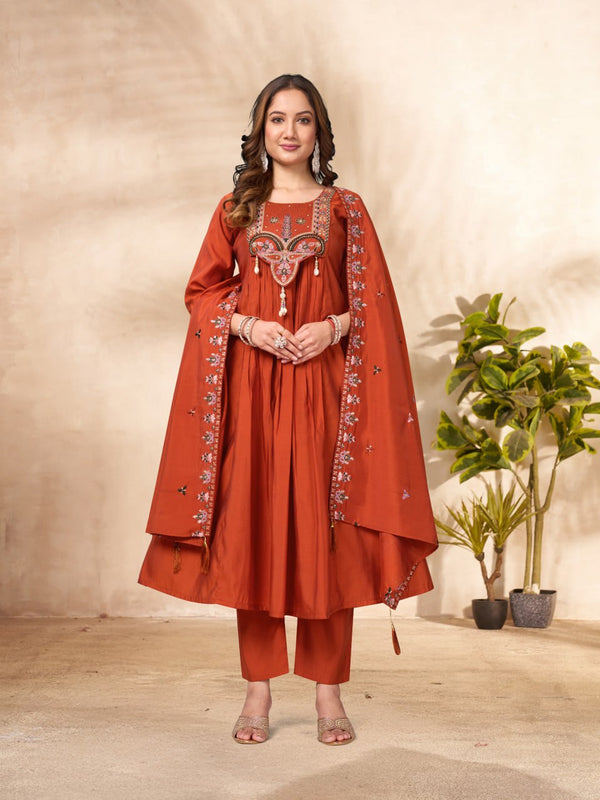 Designer Anarkali Kurti Pant Dupatta Set – Orange | Roman Silk Embroidered Festive Wear (D-139)