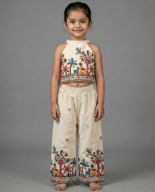 Lookmor Kids Co-Ord Set for Girls | Khadi Cotton Sleeveless Outfit with Embroidery Dori Work (0–12 Years)