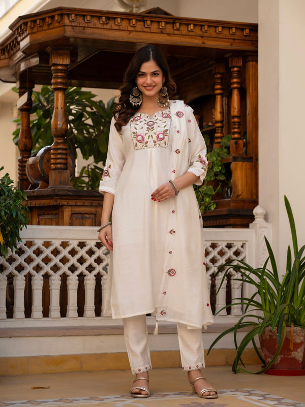 Designer Kurti Pant Dupatta Set – White | Pure Viscose Mango Silk Embroidered Set (D-145)