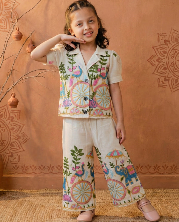 Lookmor Kids Co-Ord Set for Girls | Khadi Cotton Half Sleeve Outfit with Embroidery Dori & Cording Work (0–12 Years)