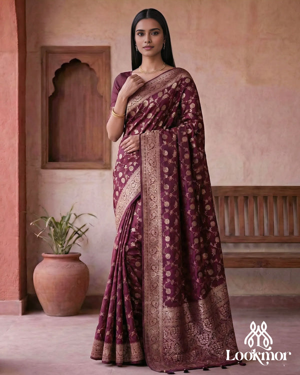 Lookmor Maroon Banarasi Silk Saree for Women #112 | Gold Zari Woven Traditional Wedding & Festive Wear Saree