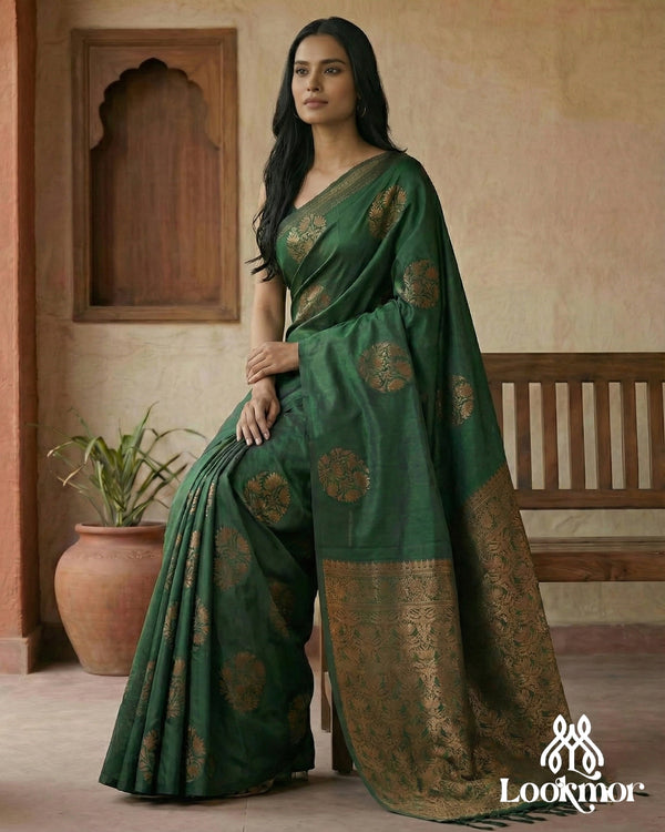 Lookmor Premium Green Banarasi Silk Saree with Rich Golden Zari Work #62 | Elegant Traditional Saree for Wedding & Festive Wear