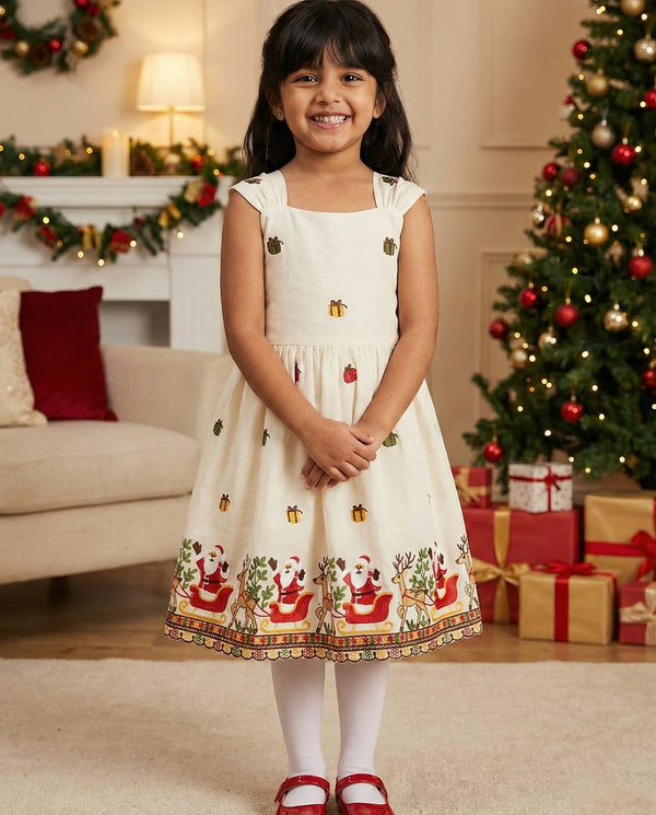Lookmor Kids Christmas Co-Ord Set for Girls | Khadi Cotton Sleeveless Outfit with Embroidery Work (0–12 Years)