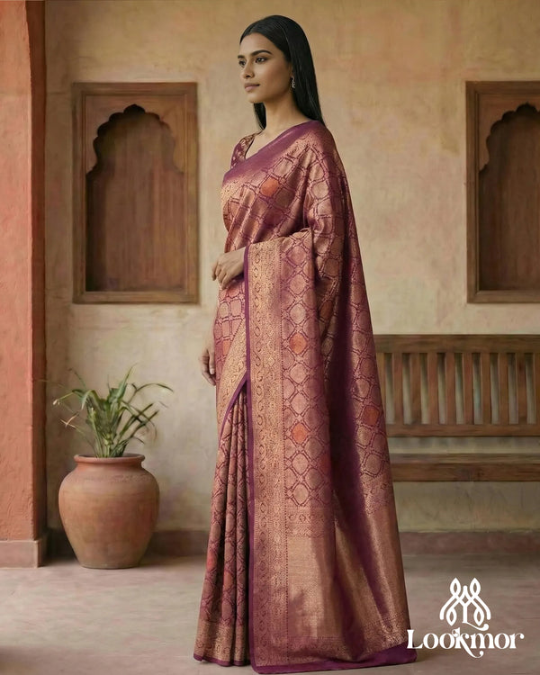 Lookmor Premium Banarasi Silk Saree for Women #172 | Maroon & Antique Gold Designer Wedding Party Wear Saree