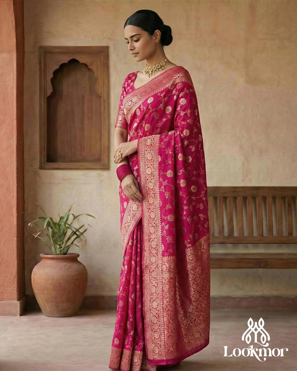 Lookmor Rani Pink Banarasi Silk Saree for Women #112 | Gold Zari Woven Traditional Wedding & Festive Wear Saree
