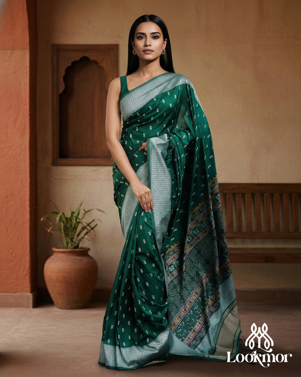 Lookmor Green Printed Silk Saree with Silver Border #174