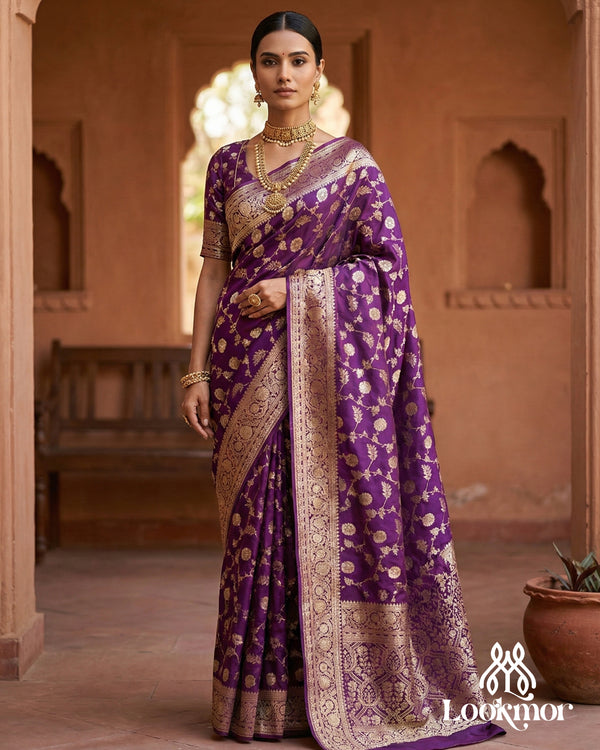 Lookmor Purple Banarasi Silk Saree with Golden Zari Weaving #112