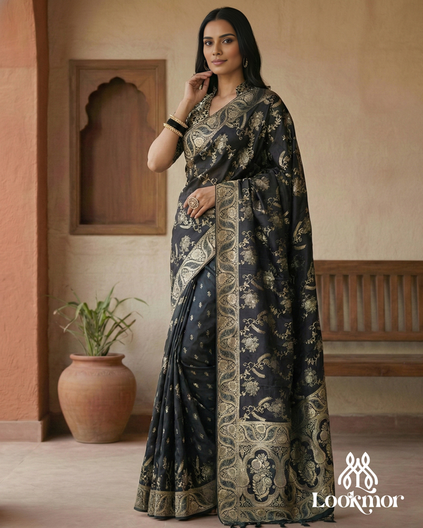Lookmor Black Banarasi Silk Saree with Golden Zari Work #114