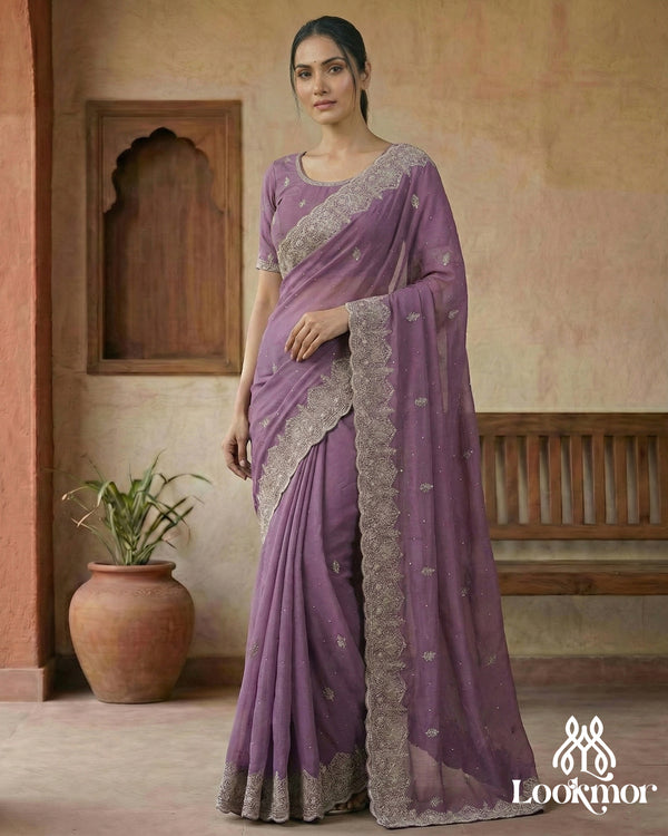 Exclusive Premium Purple Silk Saree with Elegant Embroidery & Diamond Work | 2017
