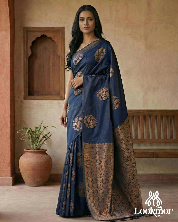 Lookmor Elegant Navy Blue Banarasi Silk Saree with Rich Copper Zari Work #62 | Premium Traditional Saree for Wedding & Festive Wear