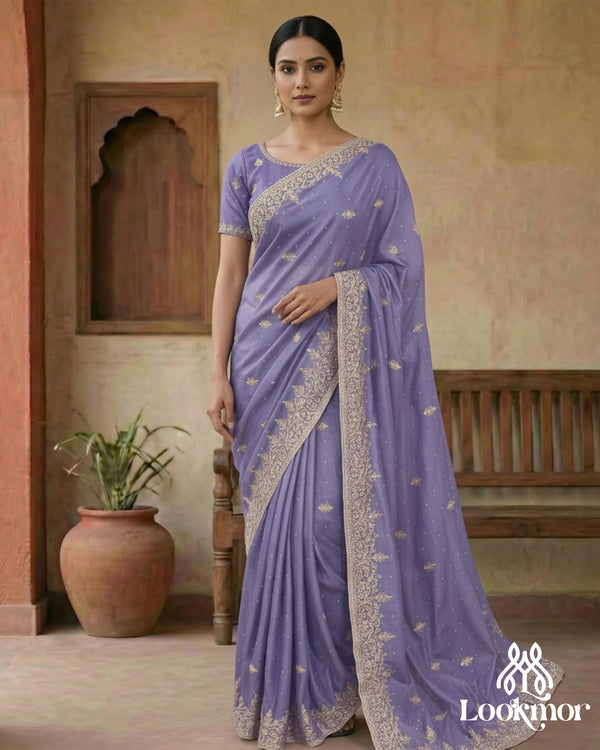 Exclusive Premium Chocolate Silk Saree with Elegant Embroidery & Diamond Work | 2017