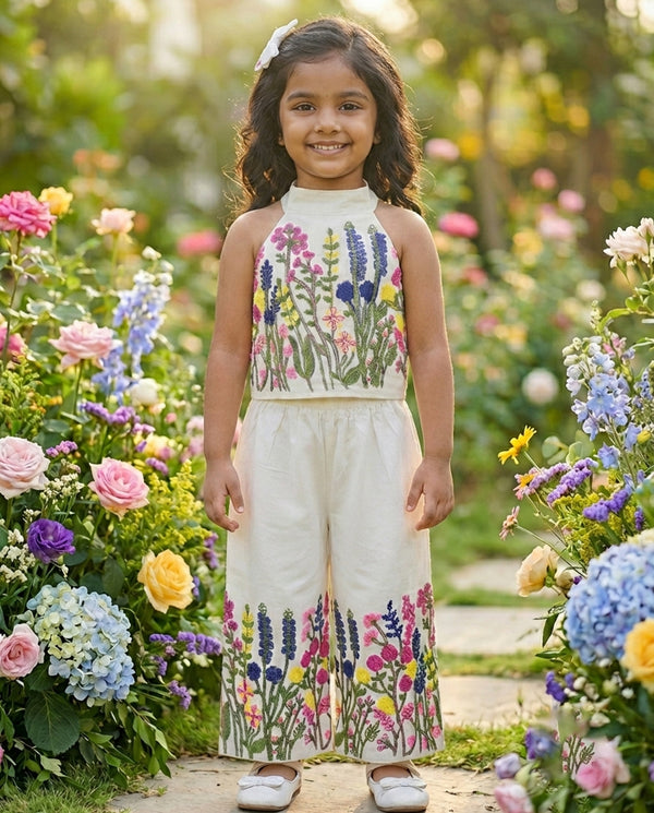 Lookmor Kids Co-Ord Set for Girls | Khadi Cotton Sleeveless Outfit with Embroidery Dori Work (0–12 Years)
