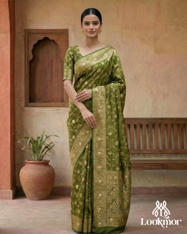 Lookmor Olive Green Banarasi Silk Saree for Women #112 | Gold Zari Woven Traditional Wedding & Festive Wear Saree