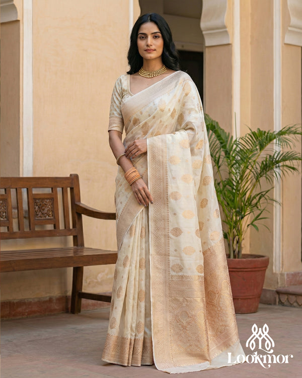 Lookmor Ivory Cream Banarasi Silk Saree with Elegant Golden Zari Work #105 | Premium Wedding & Festive Wear Saree for Women