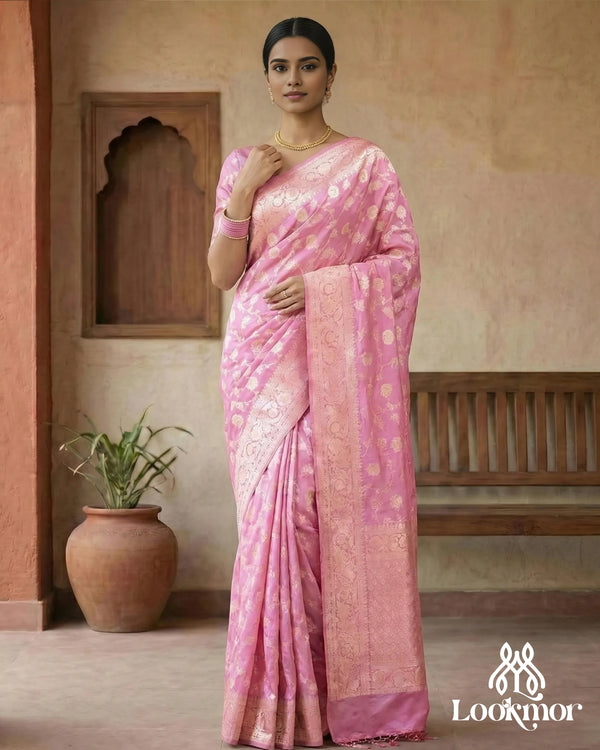 Lookmor Pink Banarasi Silk Saree for Women #112 | Gold Zari Woven Elegant Wedding & Festive Wear Saree