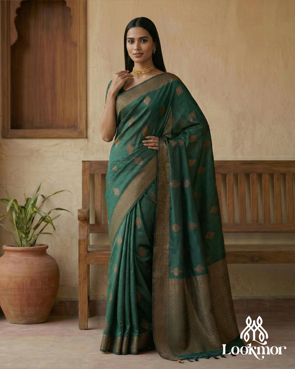 Lookmor Premium Emerald Green Banarasi Silk Saree with Rich Golden Zari Motifs #72 | Elegant Traditional Saree for Wedding & Festive Wear
