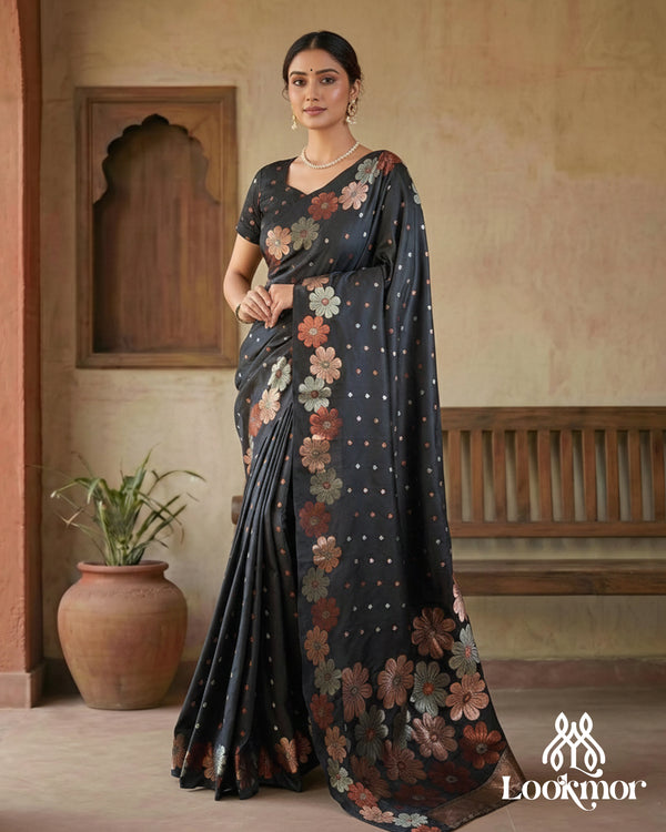 LOOKMOR Floral Zari Banarasi Soft Silk Saree with Jacquard Weave | 158
