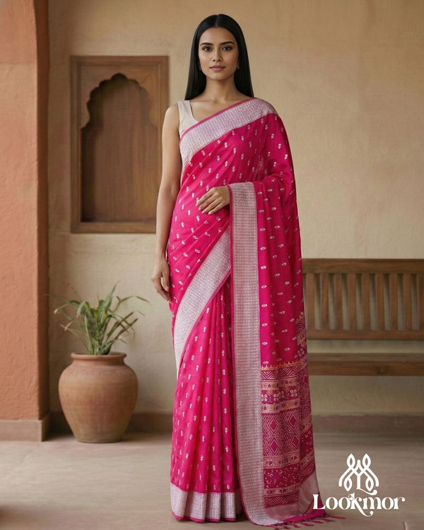 Lookmor Pink Printed Silk Saree with Silver Border #174
