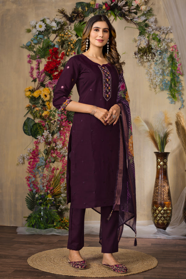 Gracefully Modern Straight Kurti Pant Dupatta Set – Wine | Timeless Ethnic Kurti Pant Set D-110