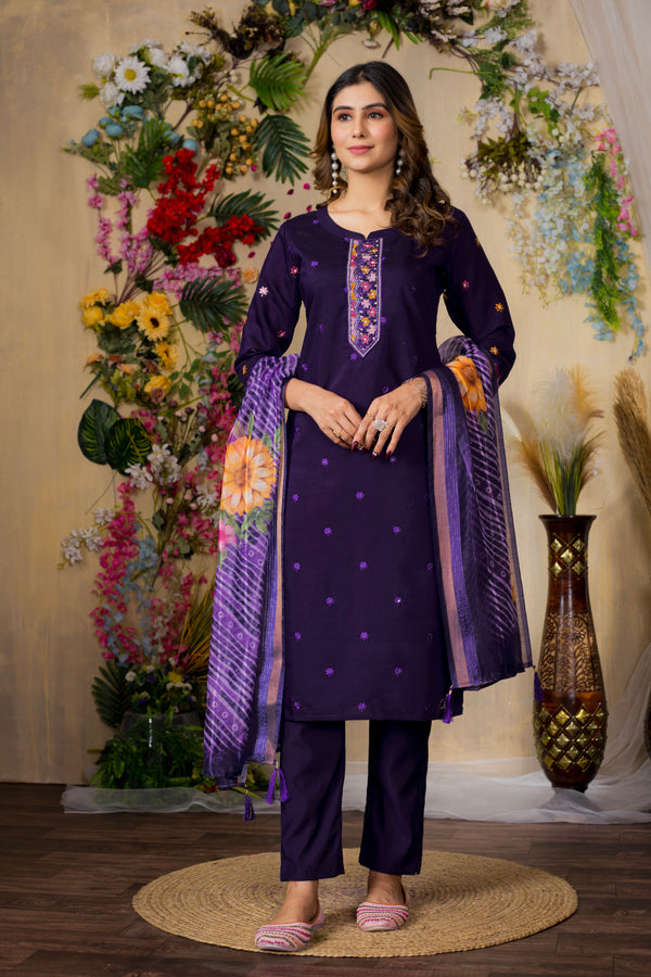 Gracefully Modern Straight Kurti Pant Dupatta Set – Royal Purple | Elegant Ethnic D-110