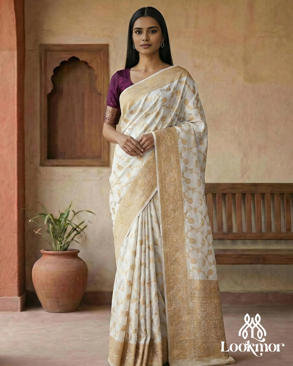 Lookmor Cream Banarasi Silk Saree for Women #112 | Gold Zari Woven Traditional Festive & Wedding Wear Saree