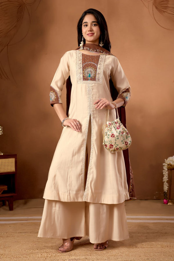 Designer Anarkali Kurti Palazzo Dupatta Set – Cream | Roman Silk Embroidered Festive Wear (D-150)