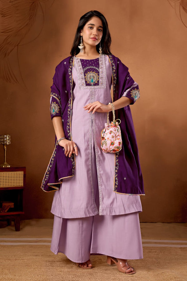 Designer Anarkali Kurti Palazzo Dupatta Set – Purple | Roman Silk Embroidered Festive Wear (D-150)