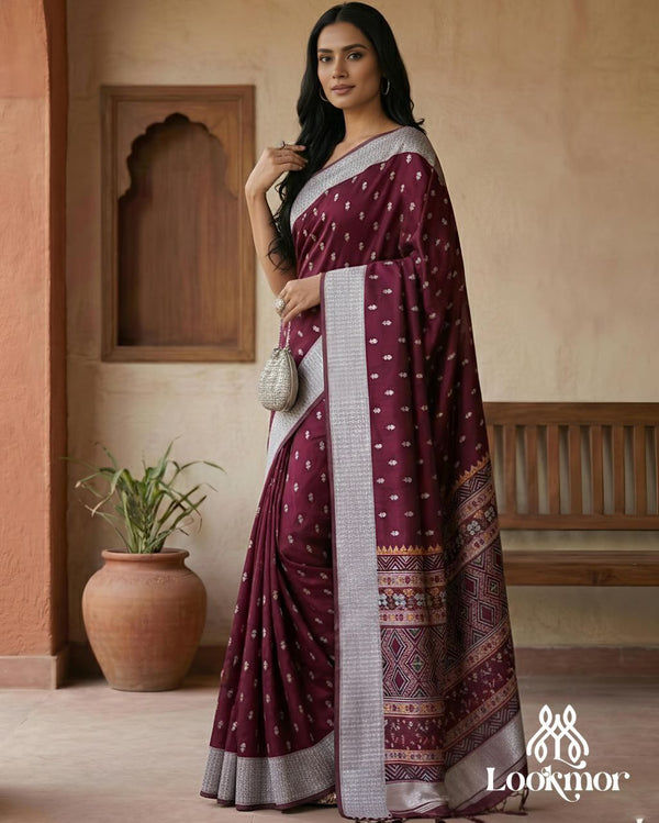 Lookmor Maroon Printed Silk Saree with Silver Border #174