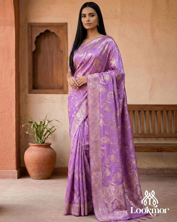 Lookmor Lavender Banarasi Silk Saree with Golden Zari Work #114