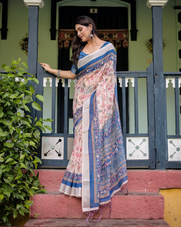 Peach Blue Floral Linen Cotton Saree | 729