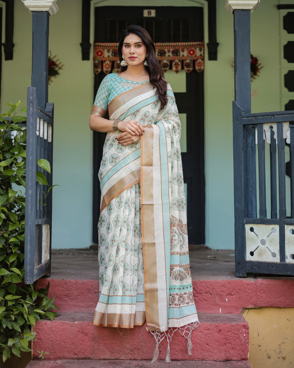Chic Off-White & Turquoise Linen Cotton Saree with Geometric Motifs | 733