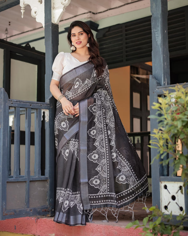 Sophisticated Black & White Linen Cotton Saree with Ornamental Print | 741
