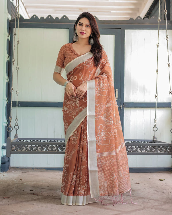 Chic Earthy Brown Linen Cotton Saree with White Floral Outline Print | 743