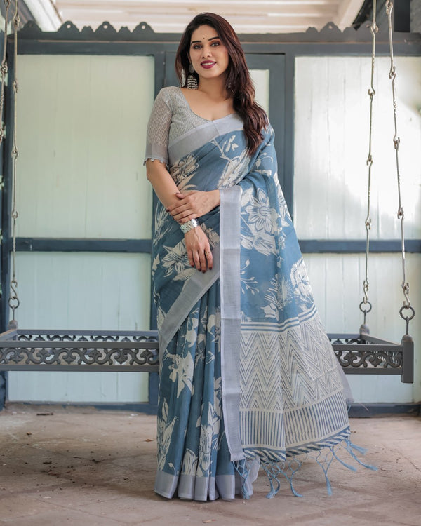 Premium Blue Floral Linen Cotton Saree | 746