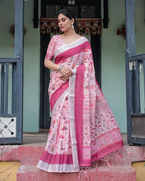 Charming Pink Linen Cotton Saree with Stylized Nature Print | 750