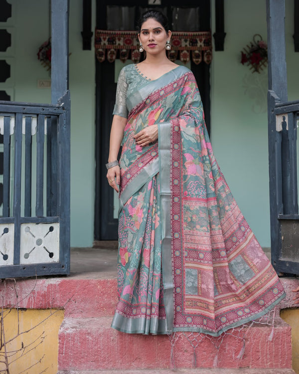 Premium Multi-Color Ethnic Print Linen Cotton Saree | 751