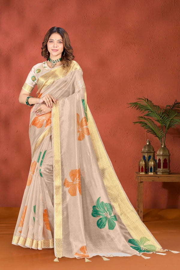 Beige Soft Silk Saree with Bold Floral Print & Golden Zari Border | 525