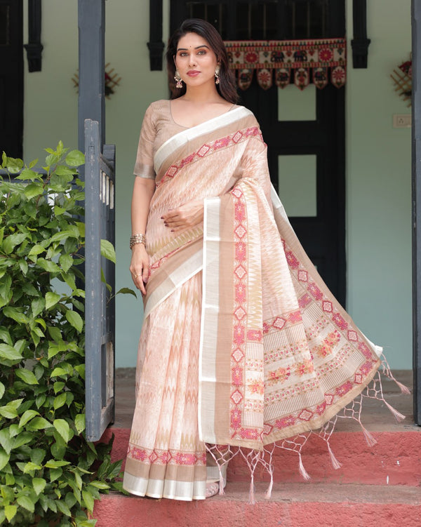 Stylish Off-White Linen Cotton Saree with Earthy Abstract Print & Tribal Pallu | 756