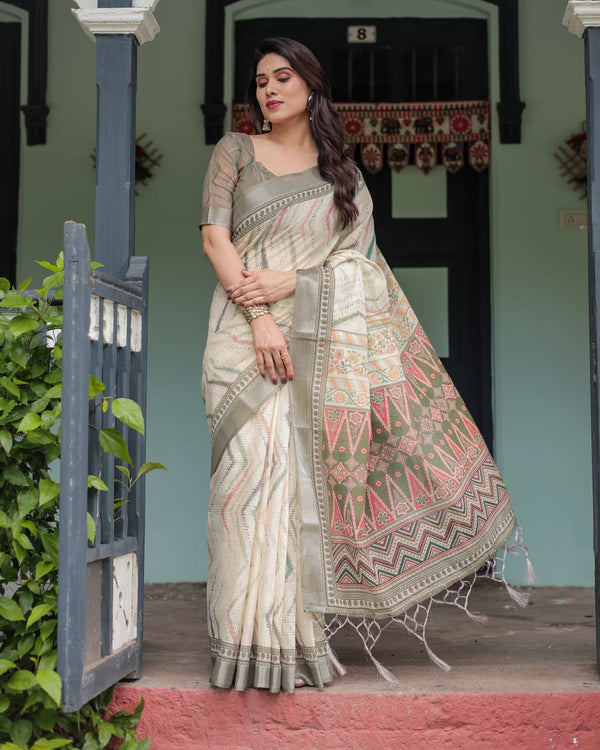 Elegant Beige Linen Cotton Saree with Ikat Pattern & Floral Border | 757