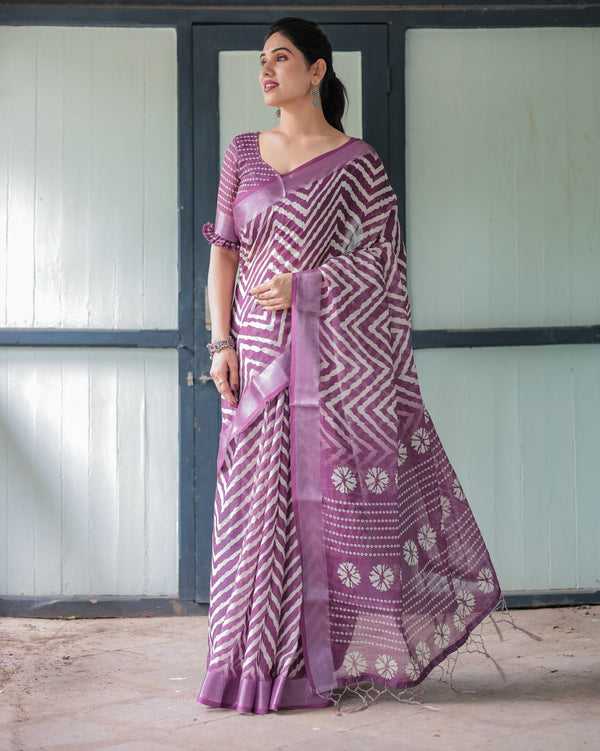 Mauve Zigzag Floral Printed Daily Wear Linen Cotton Saree | 758