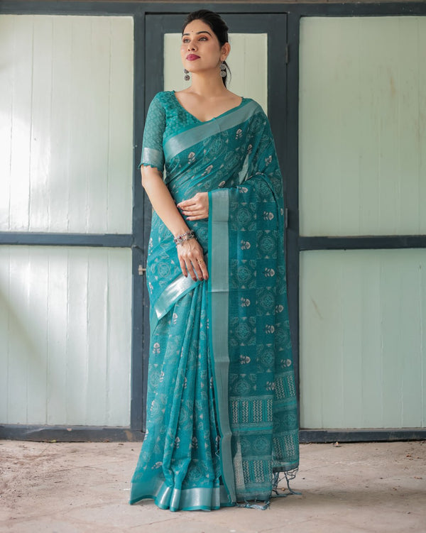Teal Blue Silver Motif Printed Elegant Daily Wear Linen Cotton Saree | 759