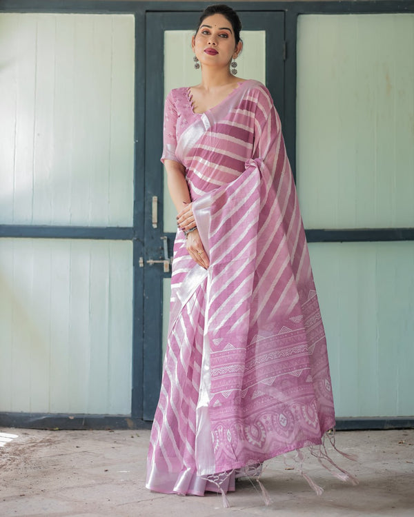 Soft Mauve Diagonal Stripe Elegant Daily Wear Linen Cotton Saree | 762